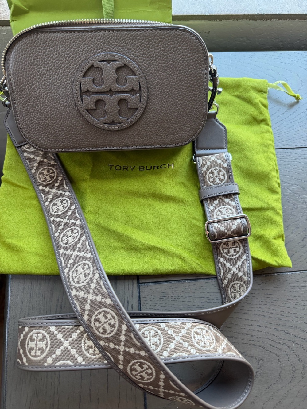 Tory Burch mushroom Leather Crossbody Logo Jacquard Strap &medium ROMY wallet